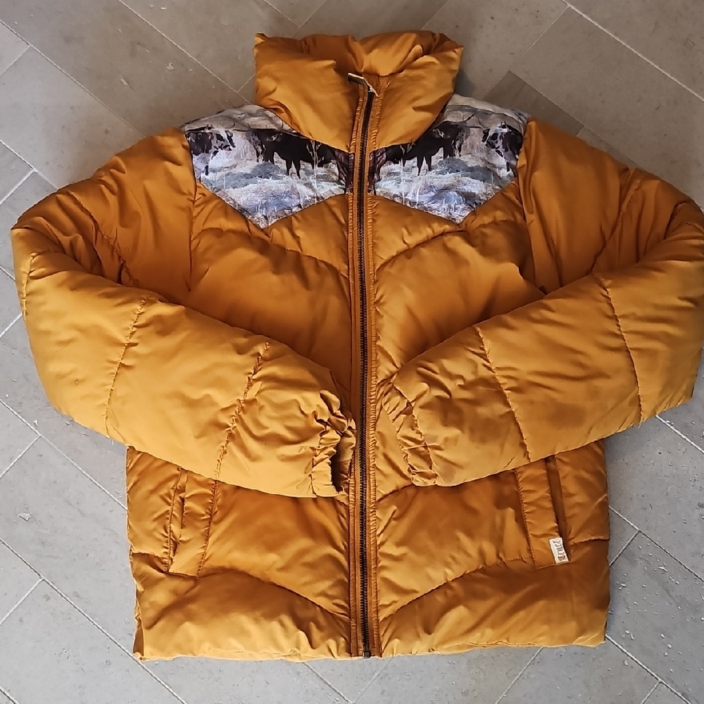 Women's Mustard Puffer Jacket with Animal Print